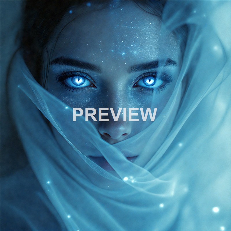 A close-up of a woman's face with glowing blue eyes, surrounded by a translucent, flowing fabric and star-like sparkles, creating a mystical and futuristic appearance.